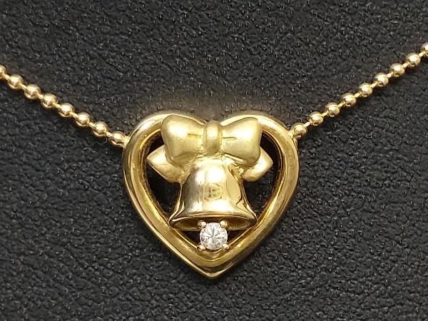 K18 18金 YG ダイヤモンド ベル ハート デザイン ペンダント ネックレス イエローゴールド D0.03ct 5.8g 45cm