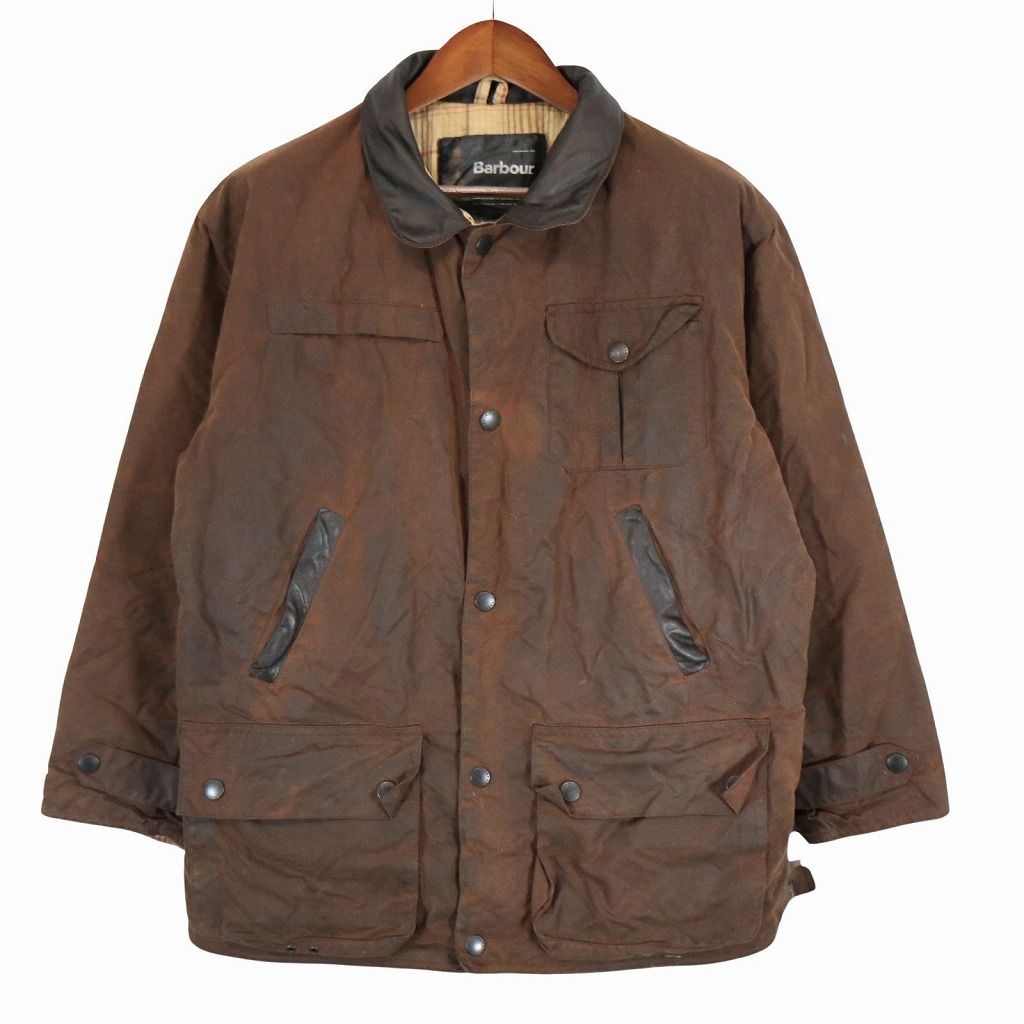 Barbour バブアー BUSHMAN オイルドジャケット 防寒 ユーロ 襟レザー切り替え ブラウン (メンズ M)  O5509 中古 古着 Barbour バブアー BUSHMAN オイルドジャケット 防寒 ユーロ 襟レザー