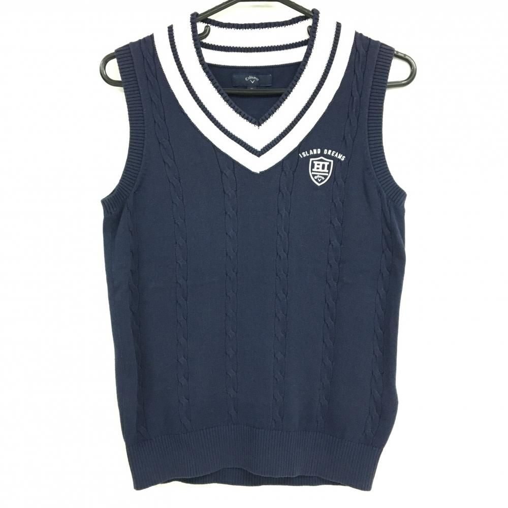 美品】キャロウェイ ニットベスト ネイビー×白 前身頃ケーブル編み