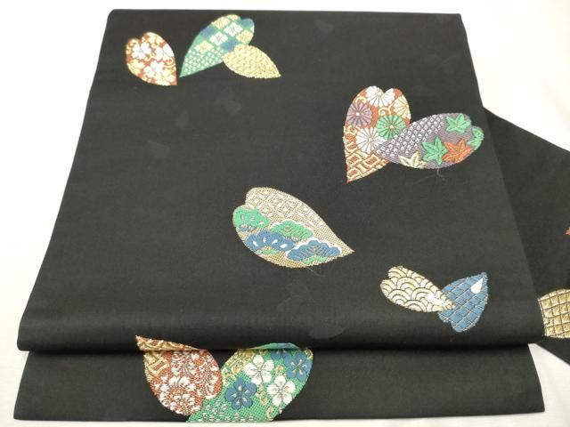 平和屋着物○九寸名古屋帯 唐織 草花文 黒地 金糸 正絹 逸品