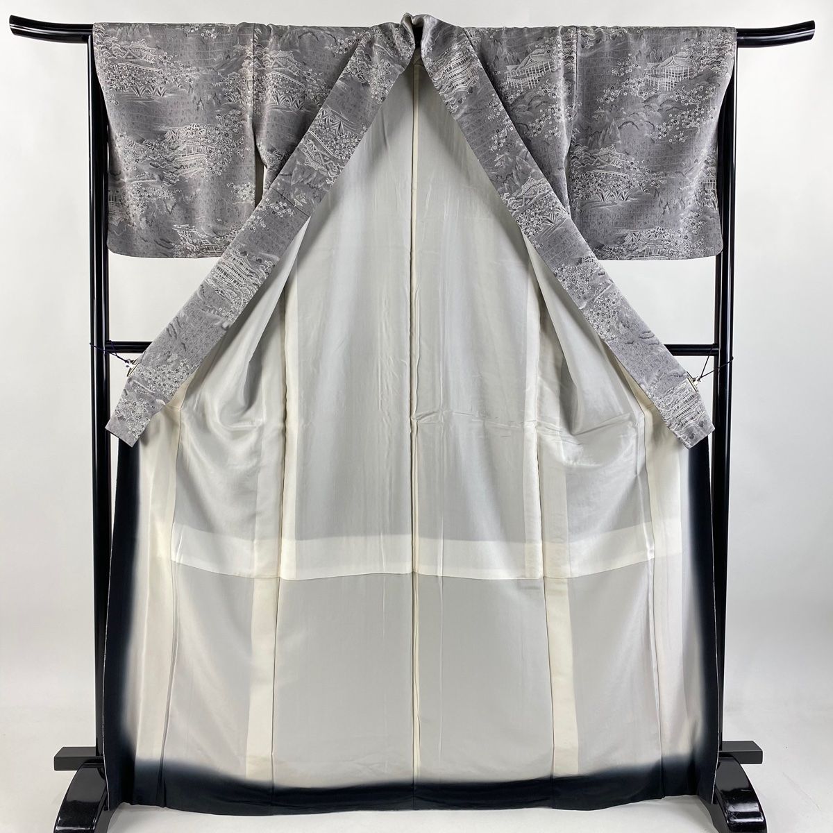 小紋 身丈170cm 裄丈66cm M 袷 落款 建物 枝梅 灰色 正絹 WWW_MERCADOAVALIA_COM_BR