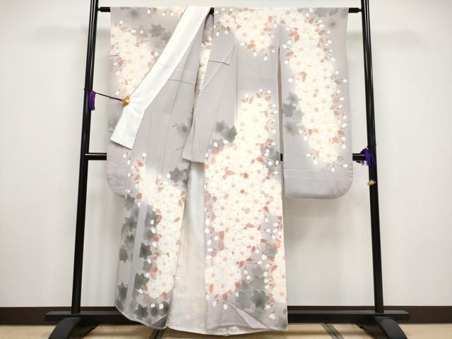 平和屋本店▽希少　銀座もとじ　振袖　単衣　桜　暈し染め　鬼しぼ縮緬　牡丹鼠色地　たとう紙付き　逸品　CYAA3318s5 平和屋本店▽希少 銀座もとじ 振袖 単衣 桜 暈し染め 鬼しぼ縮緬 牡丹