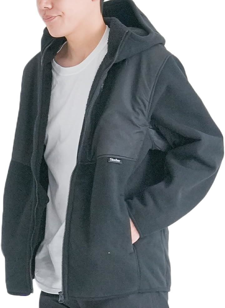 Y's factory 防風 ボンディング 裏ボア ジャケット メンズ ストレッチ ジップアップ アウター アウトドア 秋冬 保温(ブラック/パーカータイプ，  LL)
