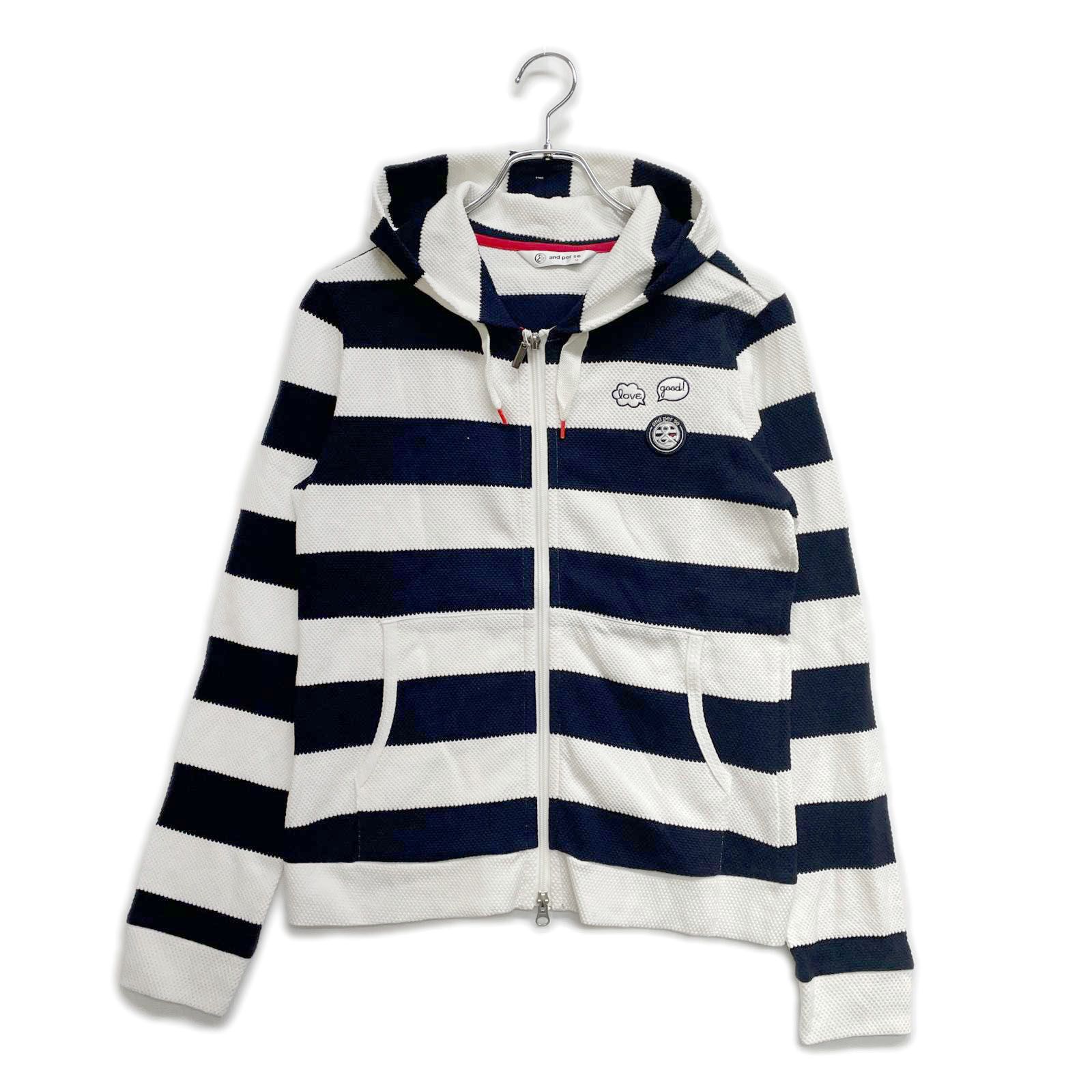 ♥品 レディース アンパスィ and per se パーカー M 白×紺 ホワイト×ネイビー ボーダー