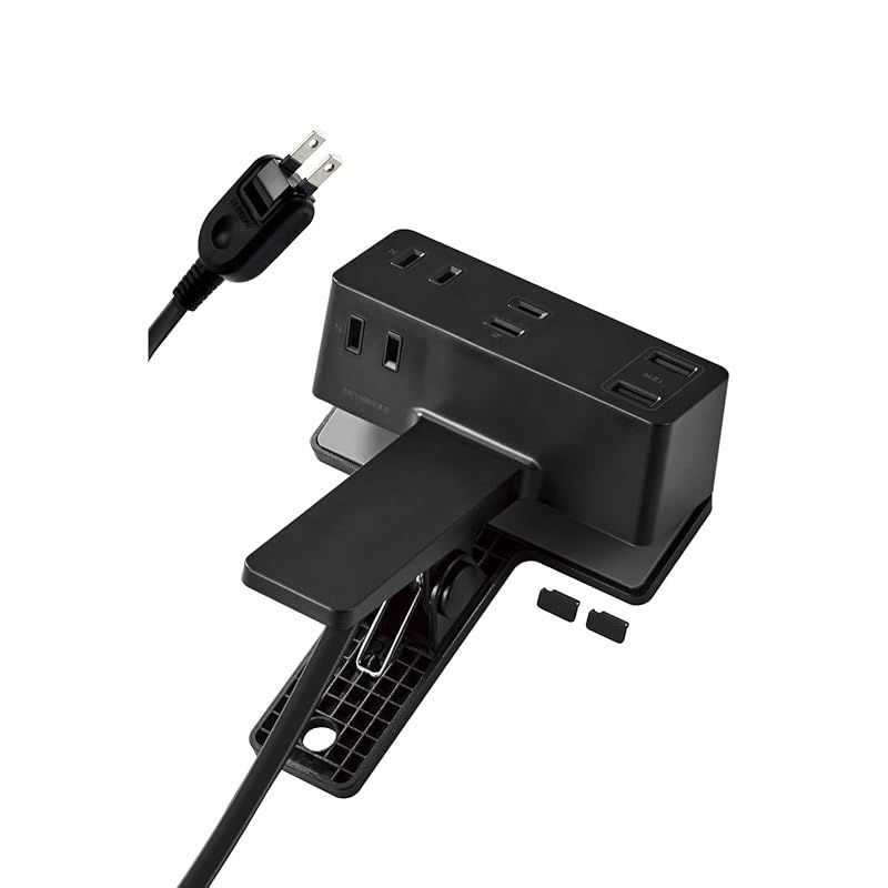 エレコム 電源タップ クリップ 1.5m [ 3個口 USB-A×2 ] 雷ガード 極性対応 吊り下げ ほこりシャッター付 スイングプラグ ブラック ECT-3015BK 1