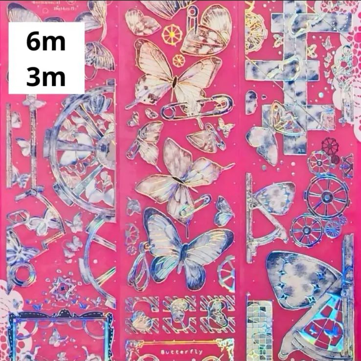 镭射银 6cm×6m 机械蝴蝶 半端巻き 海外マスキングテープ