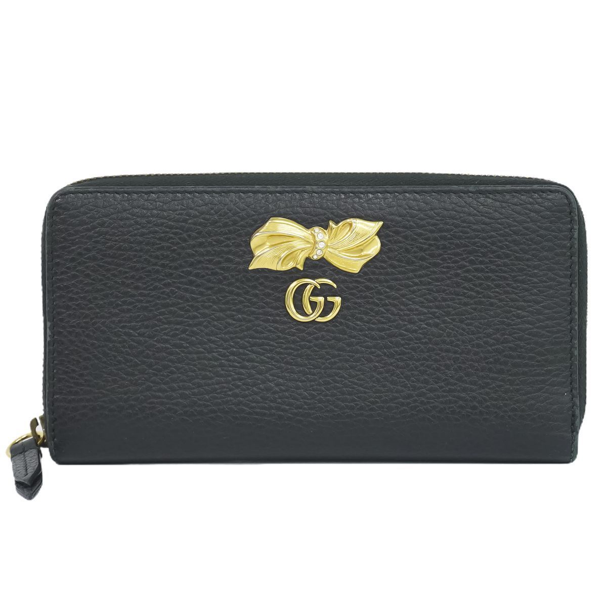 本物 グッチ GUCCI プチボウ GGマーモント ラウンドファスナー 長財布 ロングウォレット レザー ブラック 524291 PETIT BOW  財布 ウォレット 中古