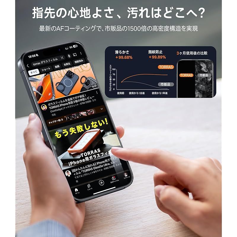 TORRAS iPhone 16 Pro 用 ガラスフィルム 米軍No.1規格 全面保護 10倍