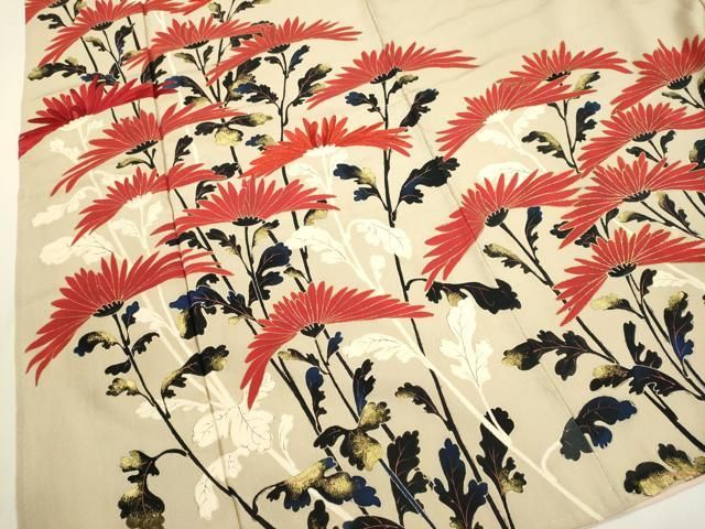 平和屋着物○アンティーク 大正ロマン 訪問着 刺繍 横菊 金彩 正絹  