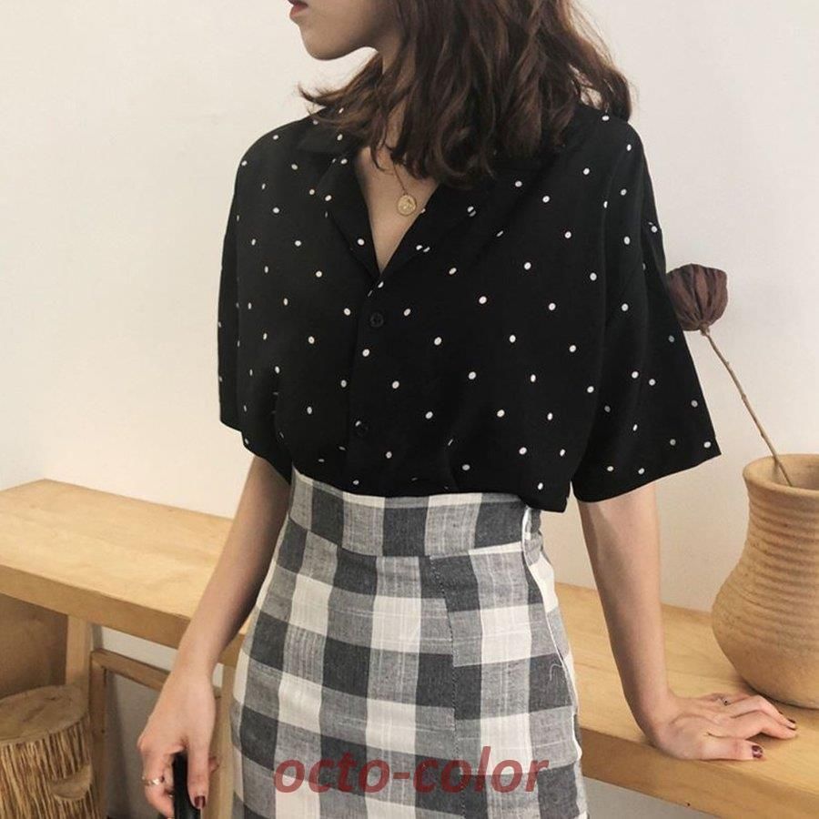 ス レディース ブラウス シャツ カットソー 半袖 ドット柄 水玉 フェミニン 可愛い 春夏 トップス レディース ブラウス シャツ 肩出し ドット柄 水玉