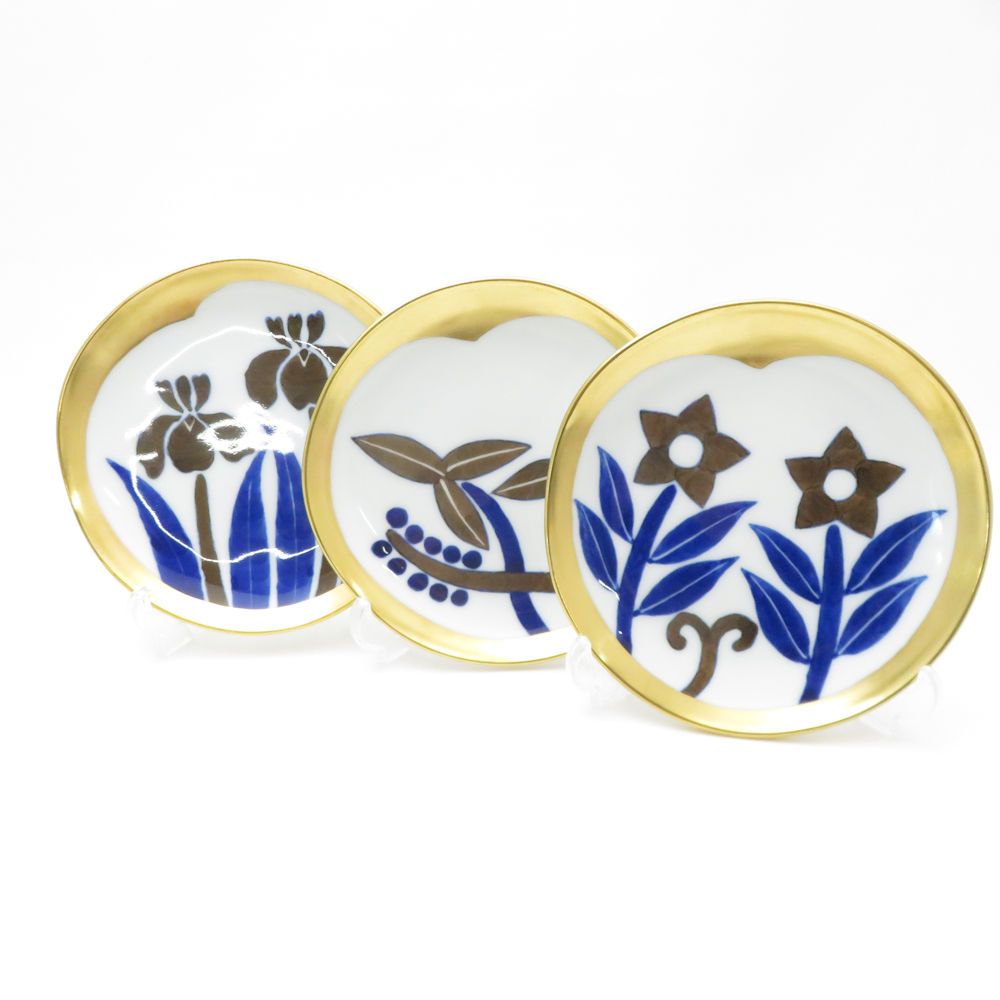 Fukagawa Seiji 深川製磁 光琳風染付 銘々皿 5枚 セット 金彩 14cmプレート 小皿 SM4745B4