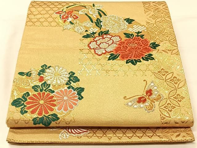 平和屋着物◎六通柄袋帯 唐織 花丸文 金銀糸 正絹 逸品 CAAV7306qv  