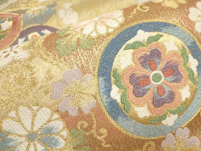平和屋着物▽六通柄袋帯 唐織 花唐草丸文 金糸 正絹 逸品