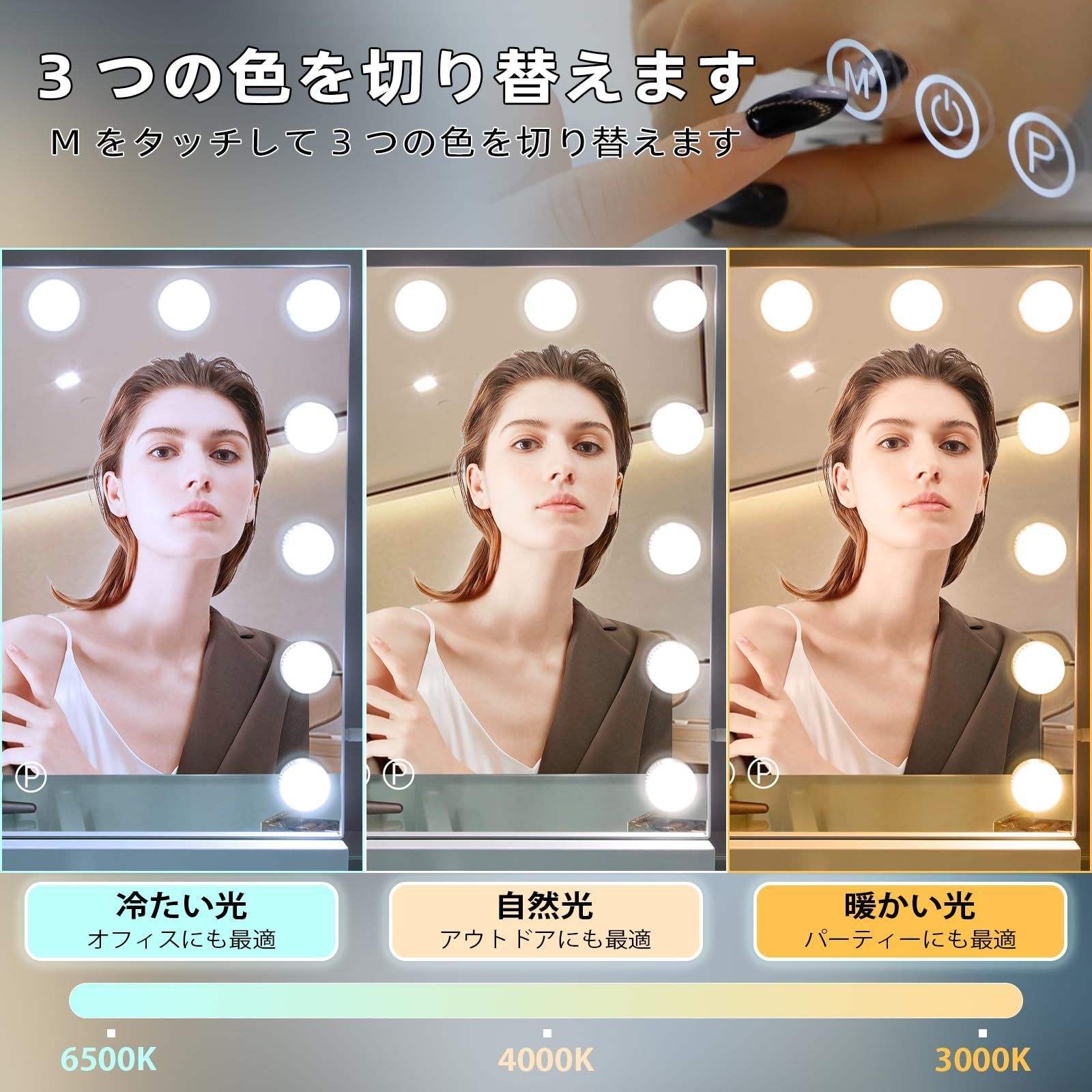 鏡 ライト付きミラー 大きい 卓上/壁掛け両用可能 女優鏡 3色