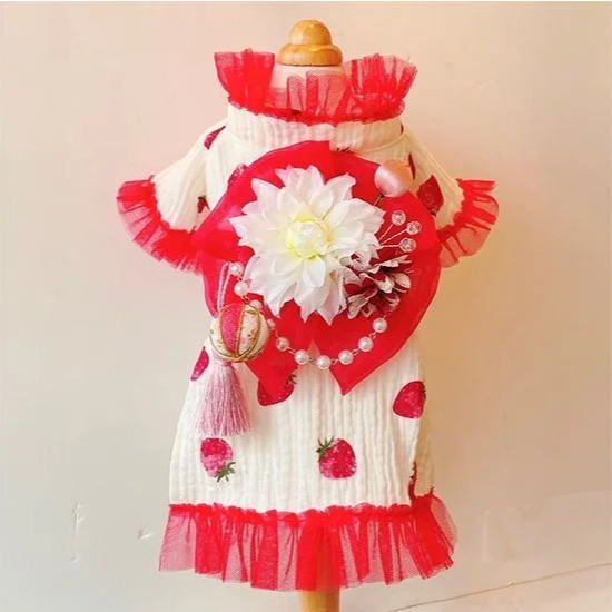 ルルドール】いちごのふわふわガーゼ浴衣 3S-Mサイズ ドッグ