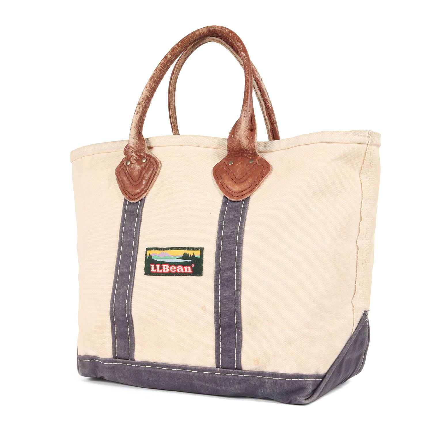 雰囲気抜群 L.L.Bean エルエルビーン バッグ | 80s 山タグ レザーハンドル キャンバス トートバッグ | 生成り ネイビー | 80年代 古着 ヴィンテージ