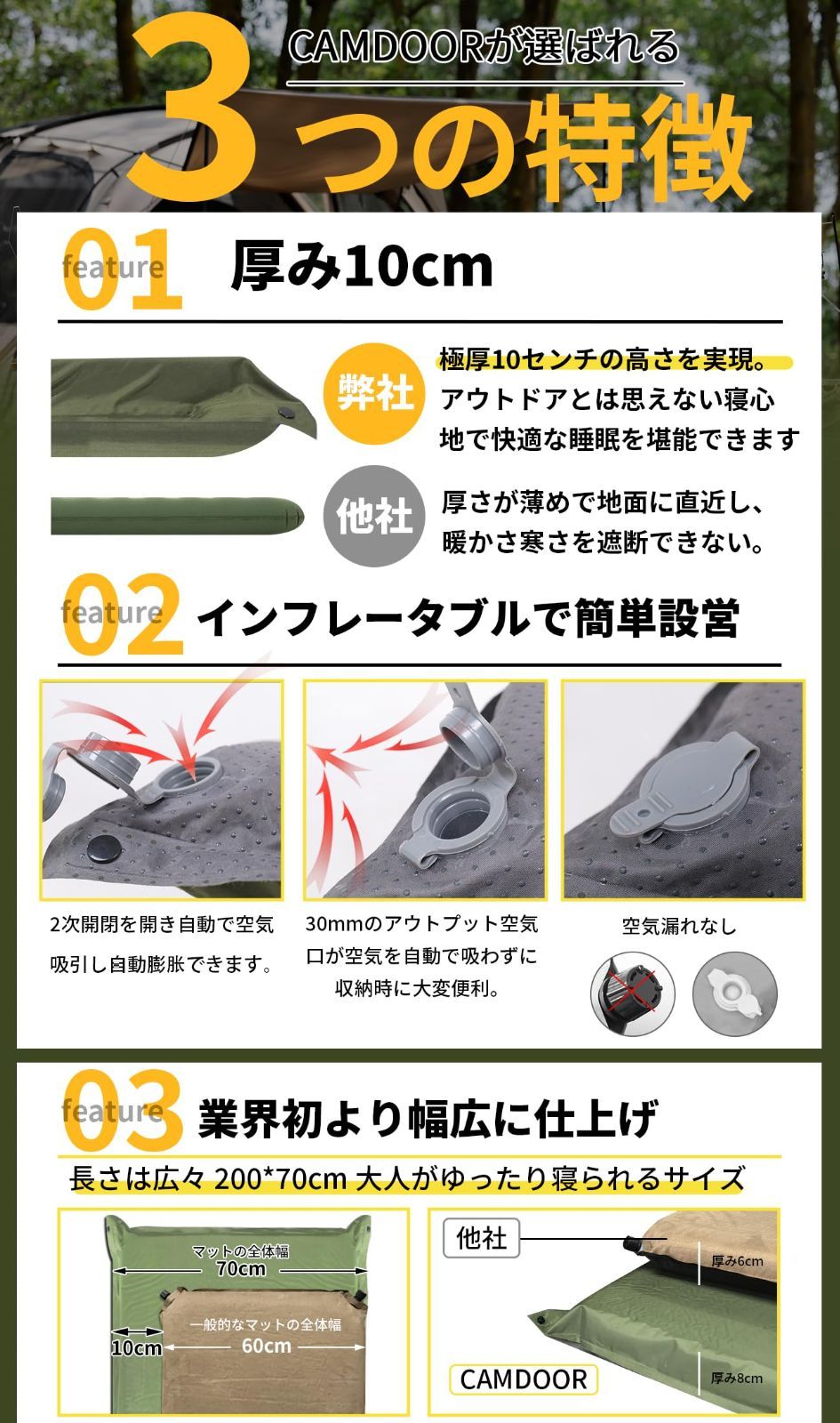 キャンプ エアーマット 厚手 8cm 【30秒自動膨張・より広い】車中泊