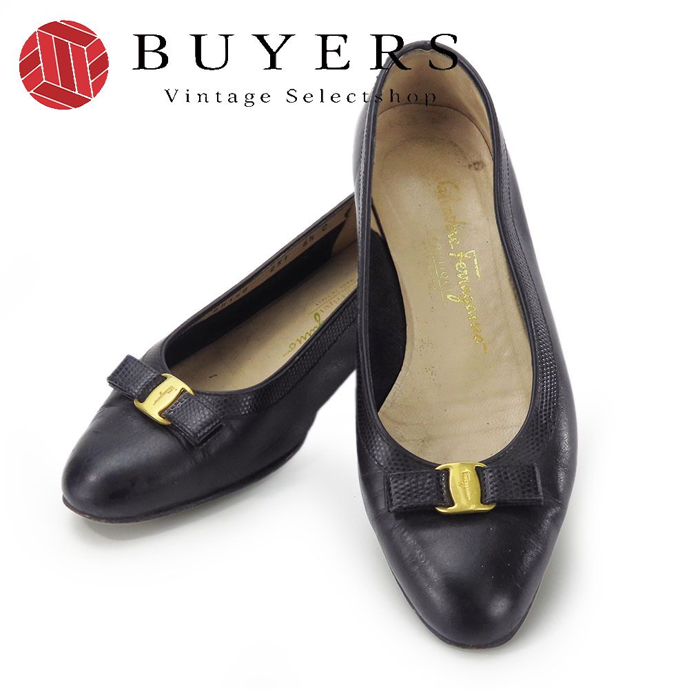 サルヴァトーレフェラガモ ゴールドメタル パンプス ローファー 24　6 1/2 OLD FERRAGAMO(オールドフェラガモ)ブラックレザー×ゴールド
