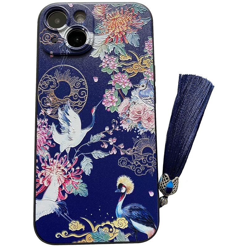 新品　KOLO【鶴 花】 iPhone対応 15 Plus ケース iPhoneケース iPhone15plusケース 菊 中国風のスマホケース スマホカバー(紺 iPhone15 Plus