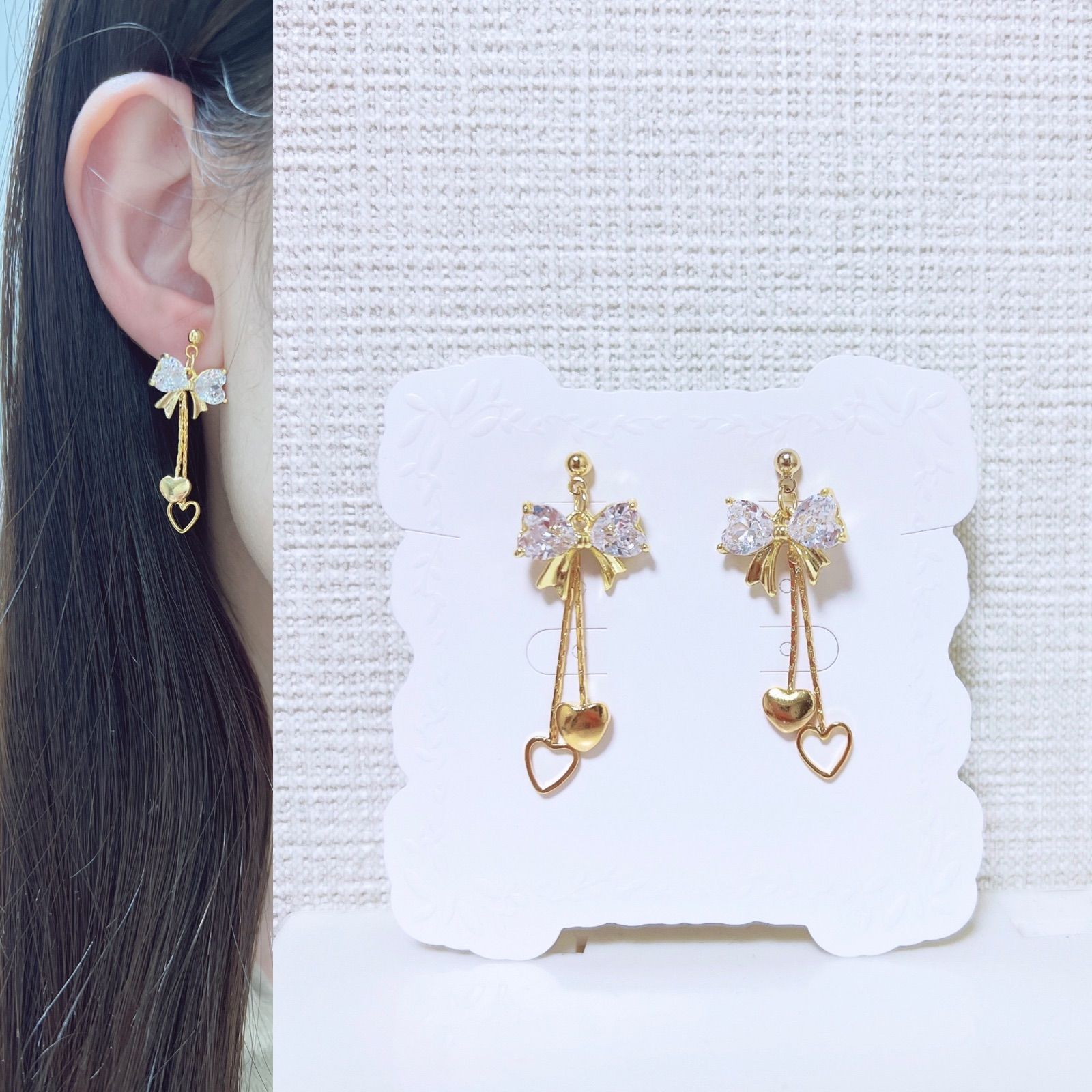 リボン ハート キラキラ ジルコニア ハンドメイド ピアス イヤリング 