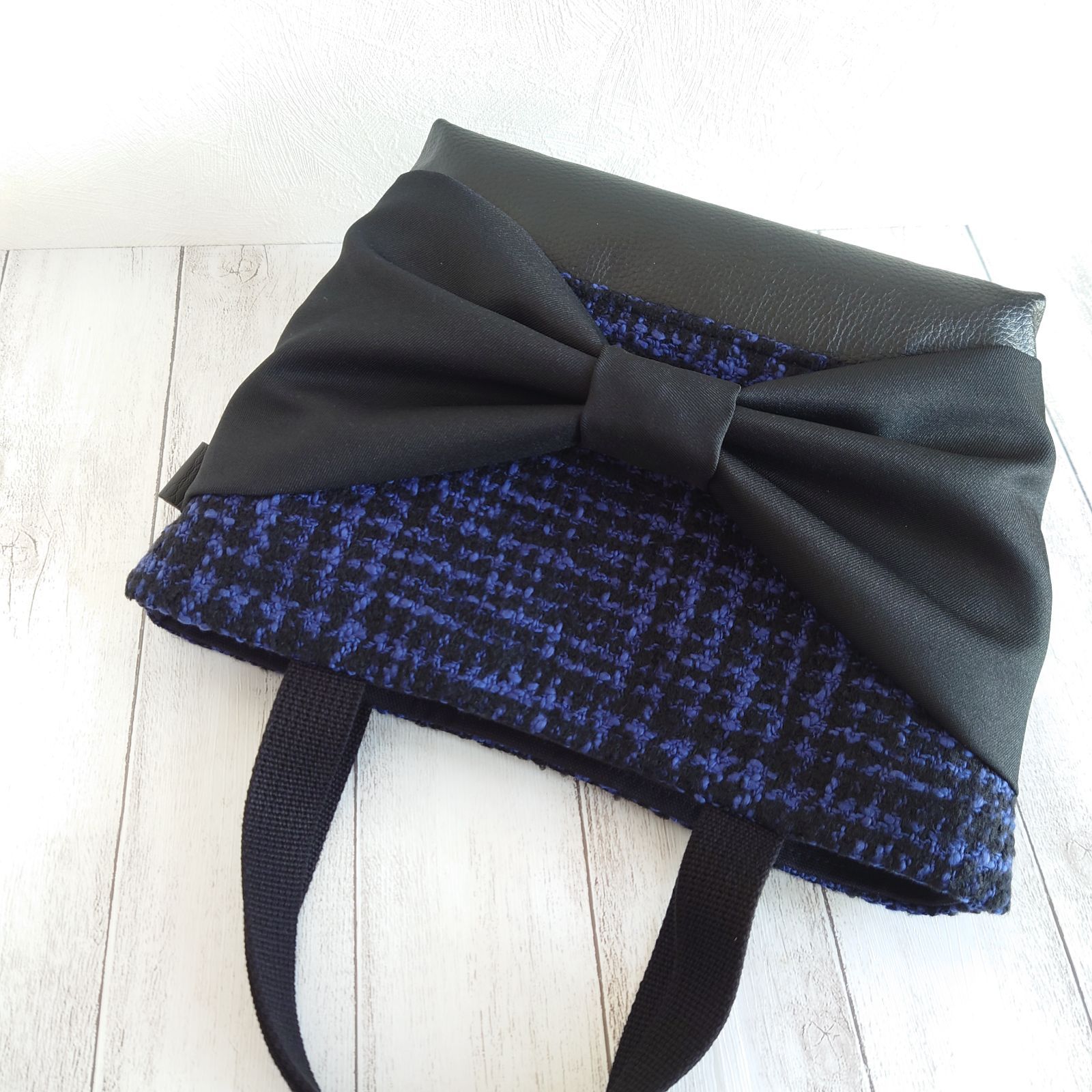 大人可愛い  ロイヤルブルー  ウール混ツイード  でかリボンミニトートバ