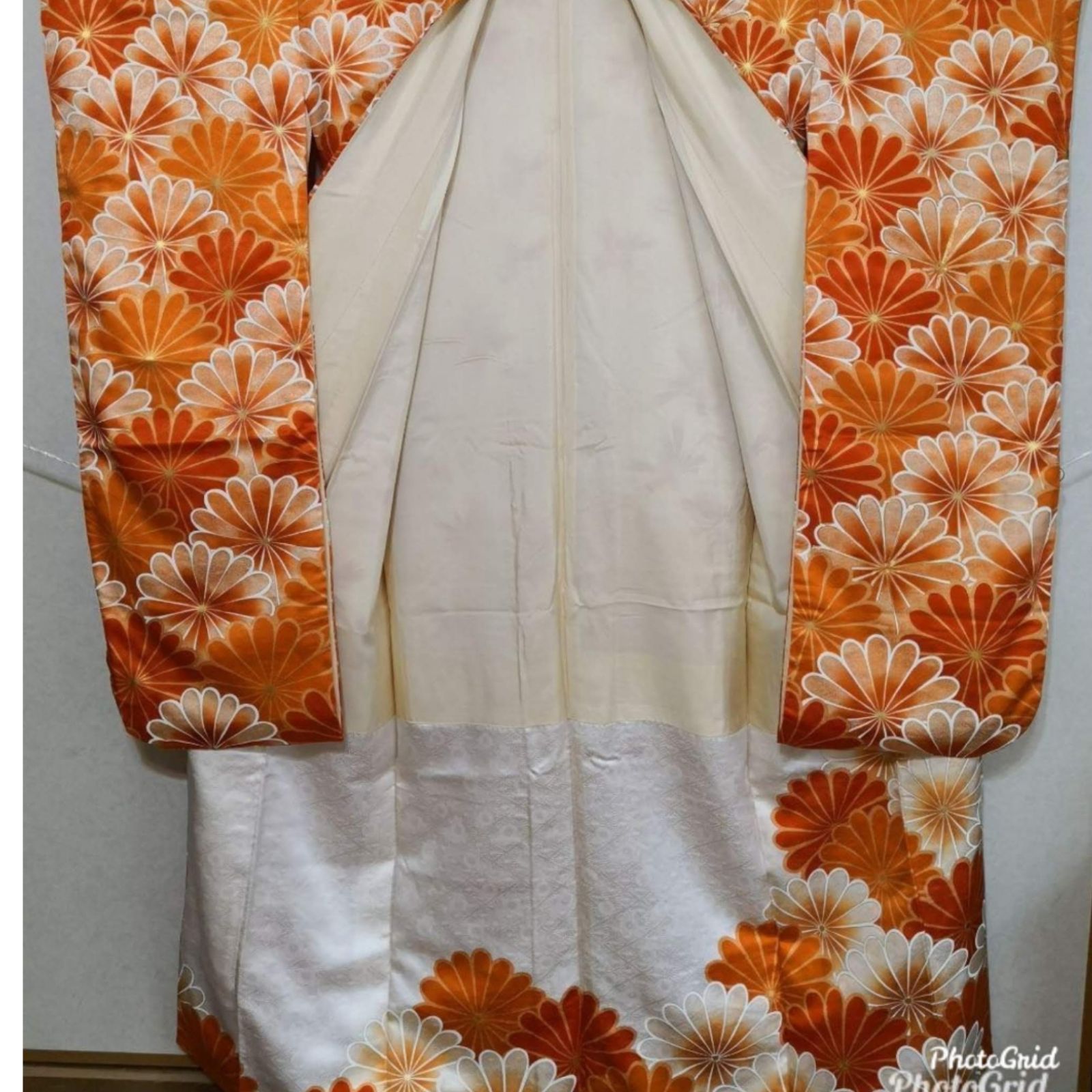 振袖 正絹 オレンジ 花文様 金コマ刺繍 トールサイズ - メルカリ