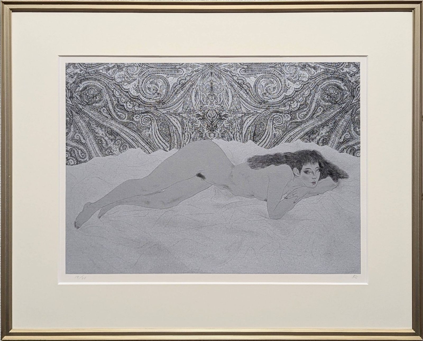 真作 直筆サイン 加山又造 裸婦 95-B 黒 リトグラフ 額付