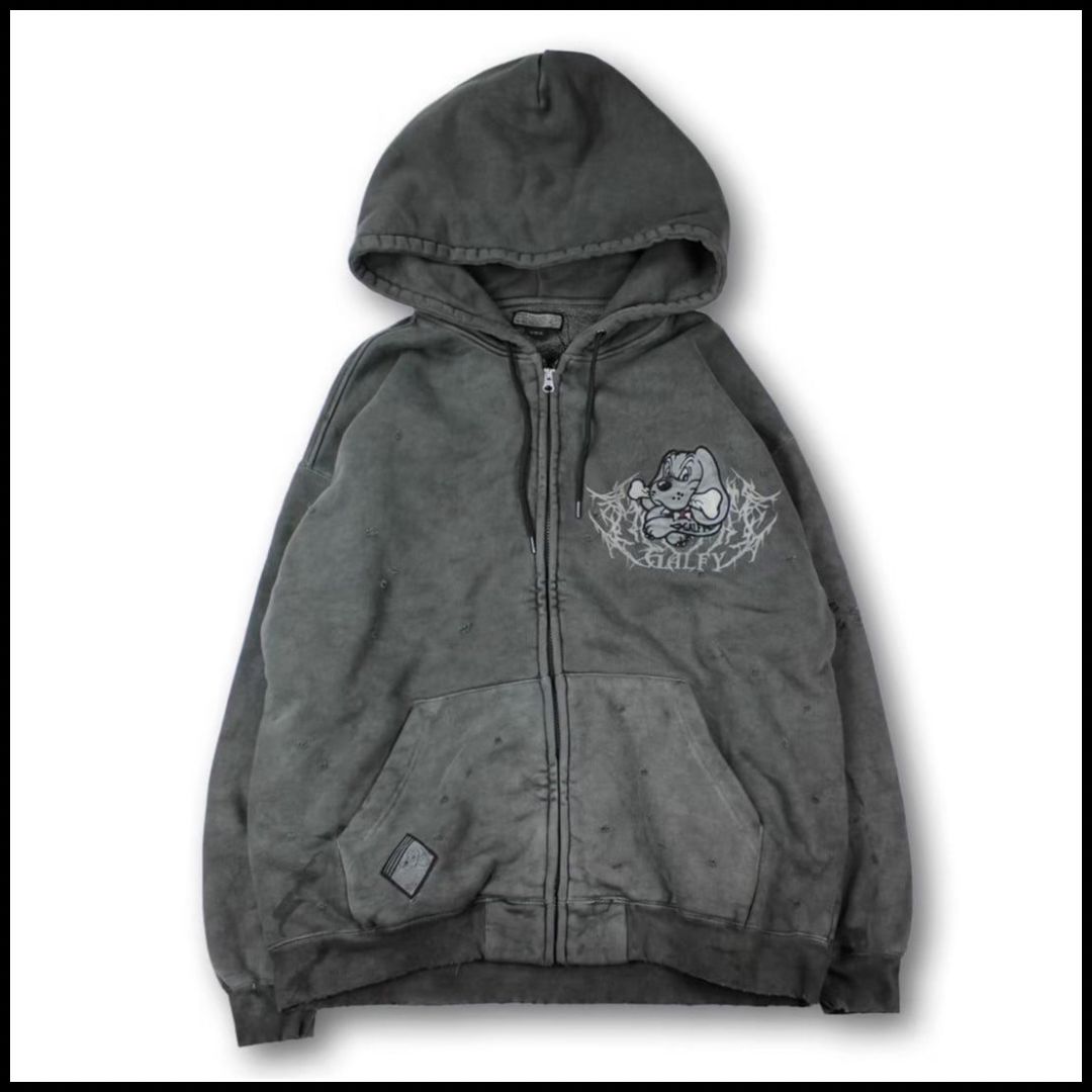 GALFY-染め染めわんちゃんボロボロパーカー　ブラック　Lサイズ GALFY (ガルフィー) 染め染めわんちゃんボロボロパーカー INK
