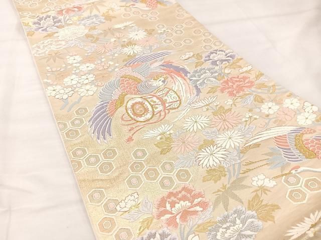 正絹　袋帯　六通柄　九百本金弐重織 風景翔鶴華　本金糸唐織り刺繍　超美品！ 袋帯 美品 名品 花唐草 金糸 金通し 灰色 六通 正絹｜中古・古着