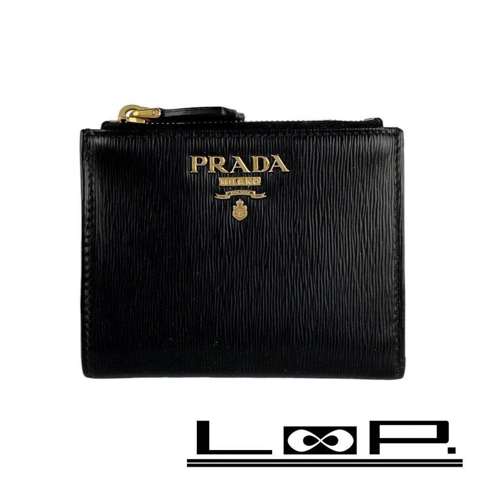 ■美品■　プラダ 二つ折り 財布 レザー ブラック 黒 レッド 赤 GP 1ML023 【247958】★ □美品□ プラダ 二つ折り 財布 レザー ブラック 黒 レッド 赤 GP