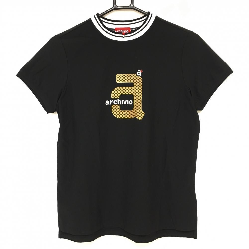 超美品】アルチビオ 半袖モックネックシャツ 黒×ゴールド ストレッチ  