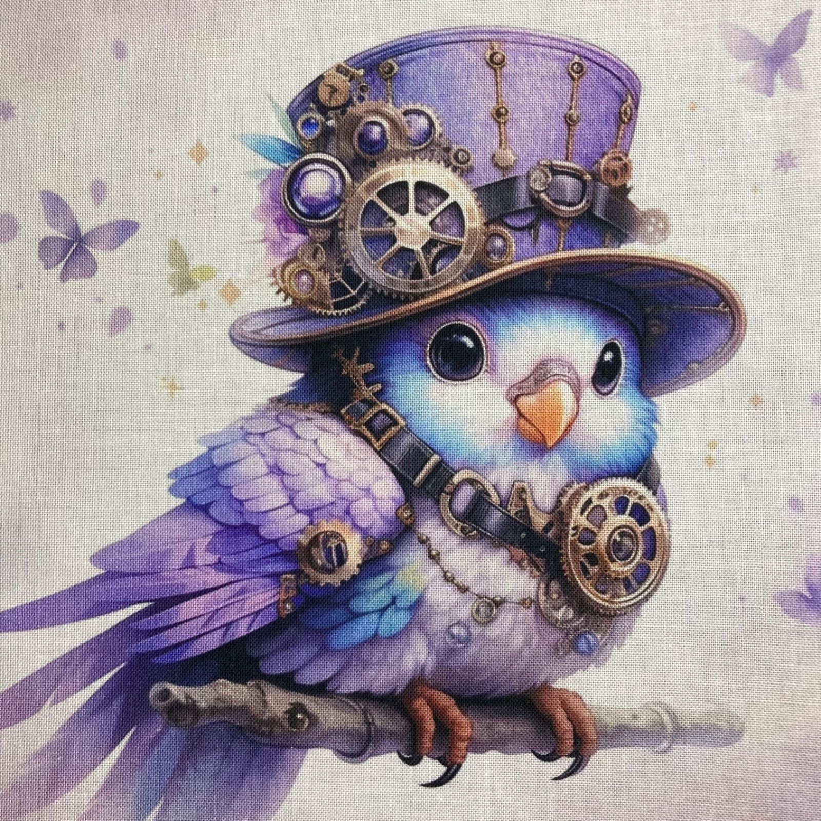 スチームパンクなインコ柄パネル生地 ハンドメイド 可愛い鳥のスチーム