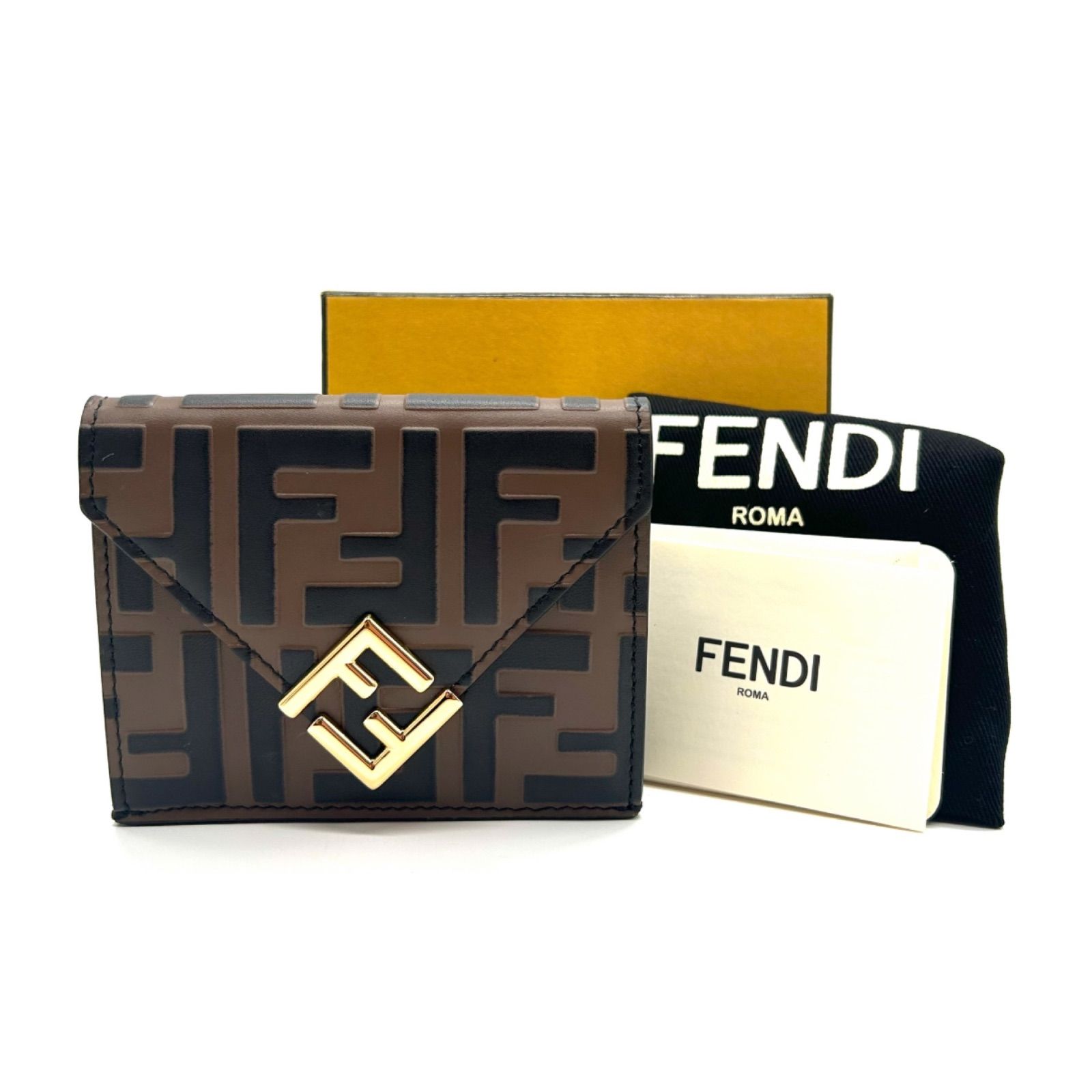 FENDI フェンディ ズッカ 三つ折り財布 FF ダイヤモンド 8M0480 コンパクト ウォレット ミニ財布 財布 コンパクトウォレット ブラウン ブラック レザー レディース メンズ ユニセックス logo wallet ladies