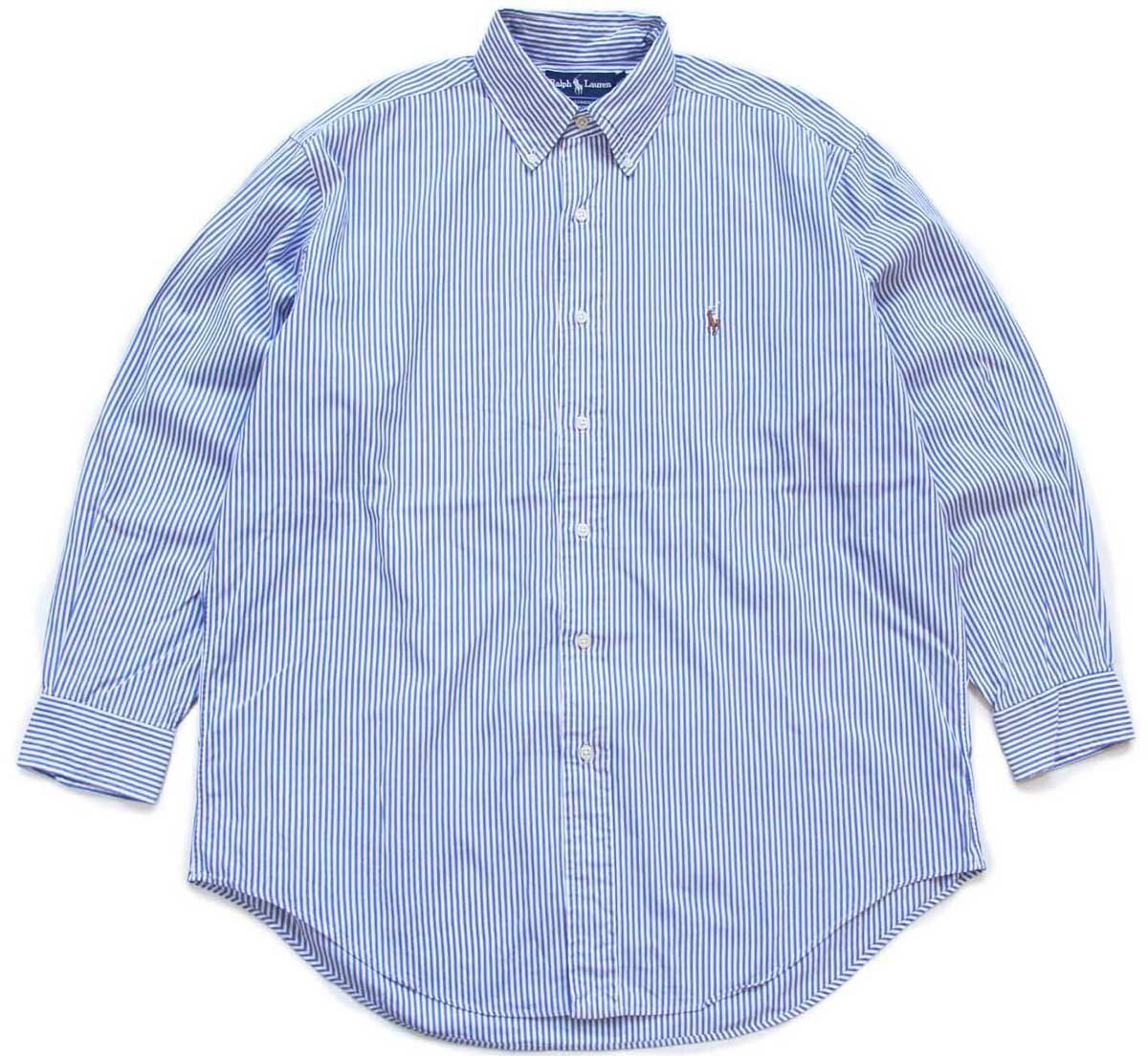 90s ラルフローレン YARMOUTH ストライプ ボタンダウン ピンポイント オックスフォード コットンシャツ サックス×白 16