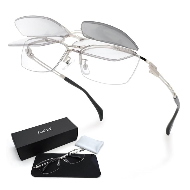 FEELLIFE 跳ね上げ式老眼鏡 調光レンズ おしゃれ メンズ スクエア ガンメタル 鯖江メーカー企画 UVカット ブルーライトカット ケース付き FLH-001PH-1 1.00