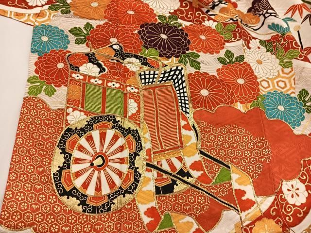 平和屋着物□豪華振袖 駒刺繍 御所車花文 金彩 正絹 逸品