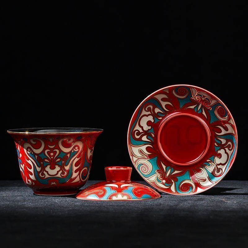 蓋付茶碗 2客 ペア 美品 人物 赤絵 金彩 窯傷 その2 饕餮紋入り 赤色金彩 三才蓋碗 200ml 高級蓋付き茶碗 美しい