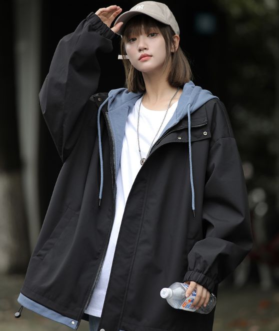 ブラック×ヘイズブルー マウンテンパーカー レディース 春秋 アウター パーカー ゆったり フード付き カジュアル おしゃれ ジャケット 通学 通勤 体型カバー