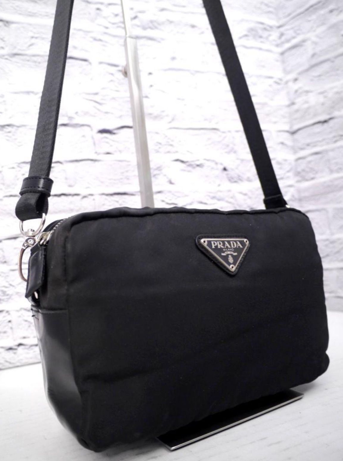 美品◇PRADA プラダ ナイロンxレザー ショルダー カメラ バッグ ポーチ黒