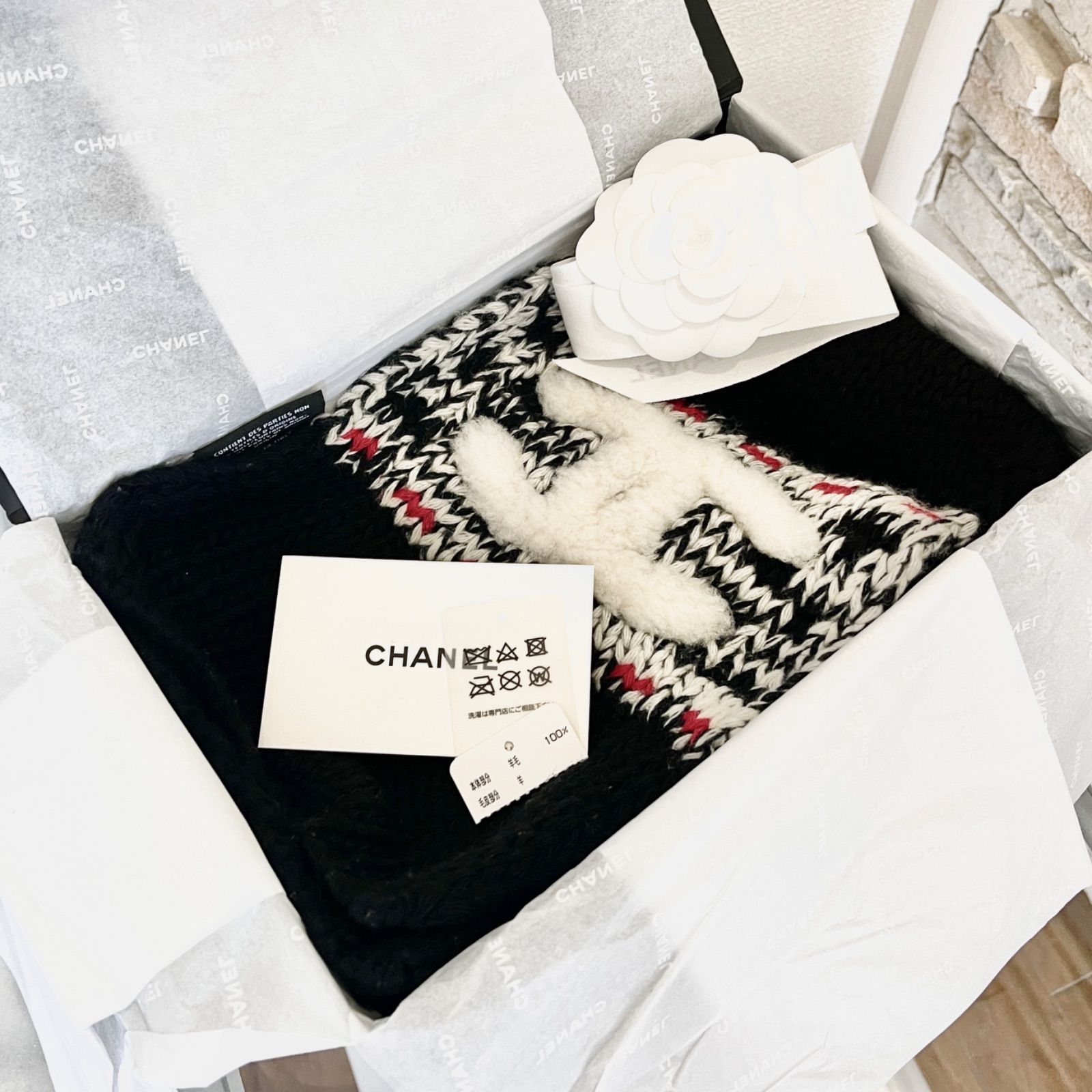 リバーシブルタイプ 【CHANEL】マフラー ニット ロゴ ファー ブラック