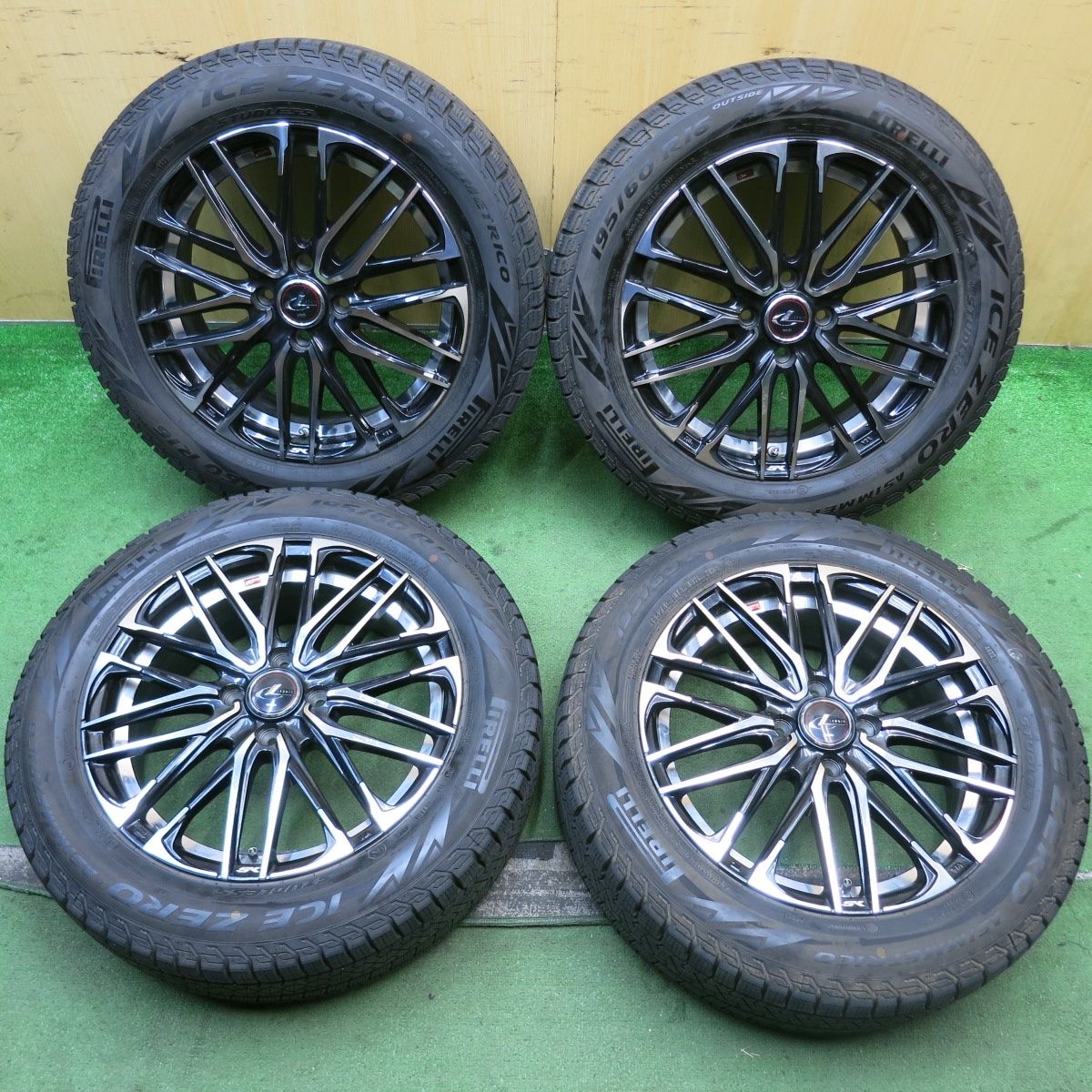 バリ溝 22年 9分 LEONIS SK 195 60R16 スタッドレス ピレリ アイスゼロ アシンメトリコ レオニス 16インチ PCD100 4H 5092108HAス