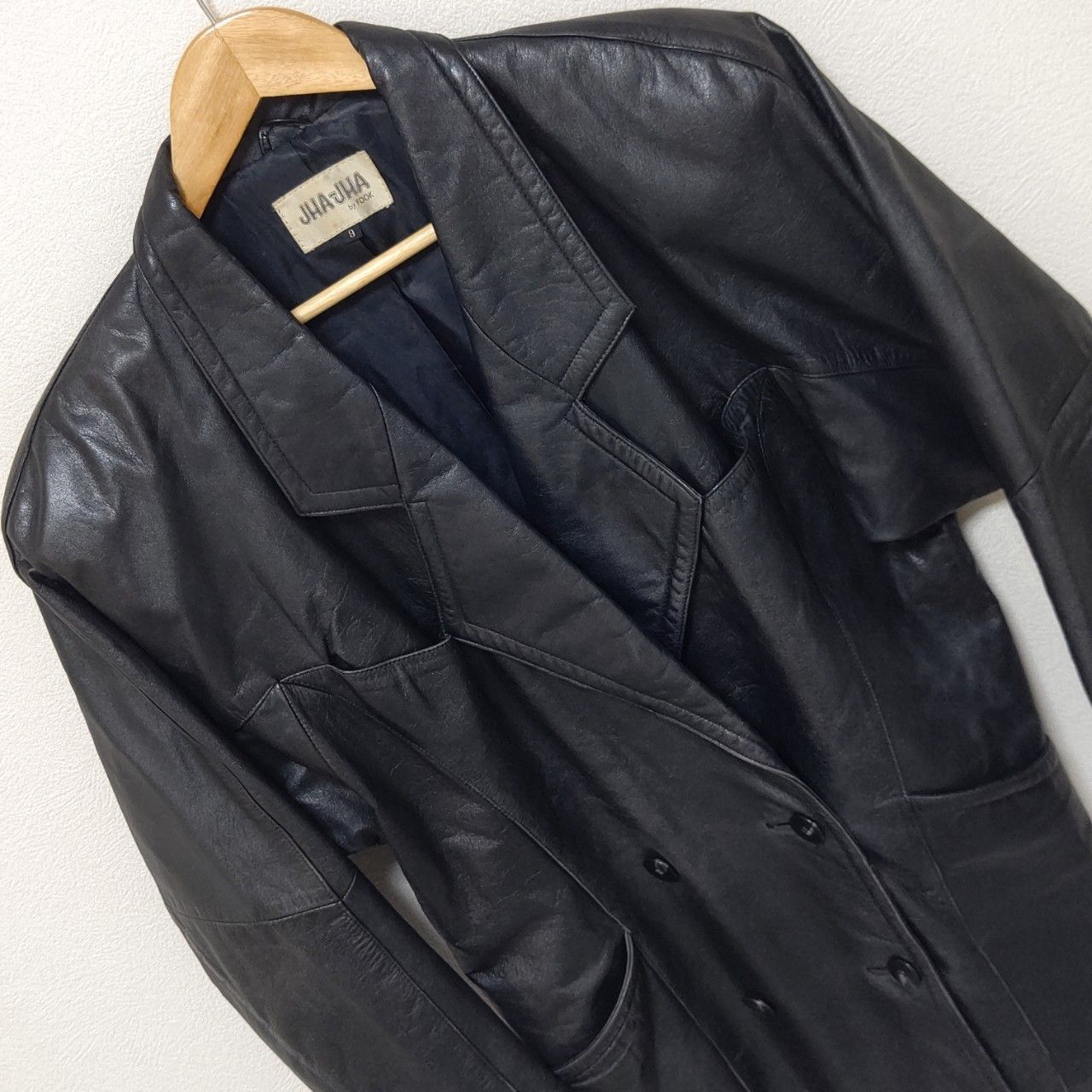 日本製【JHA-JHA】ジャジャ by FOOK leather jacket レザー ジャケット 本革 ダブル ロング コート アウター 革ジャン  アメカジ 古着 バイカー バイク シック ブラック黒 レディース ウーマン 女性 サイズ9号/2541j