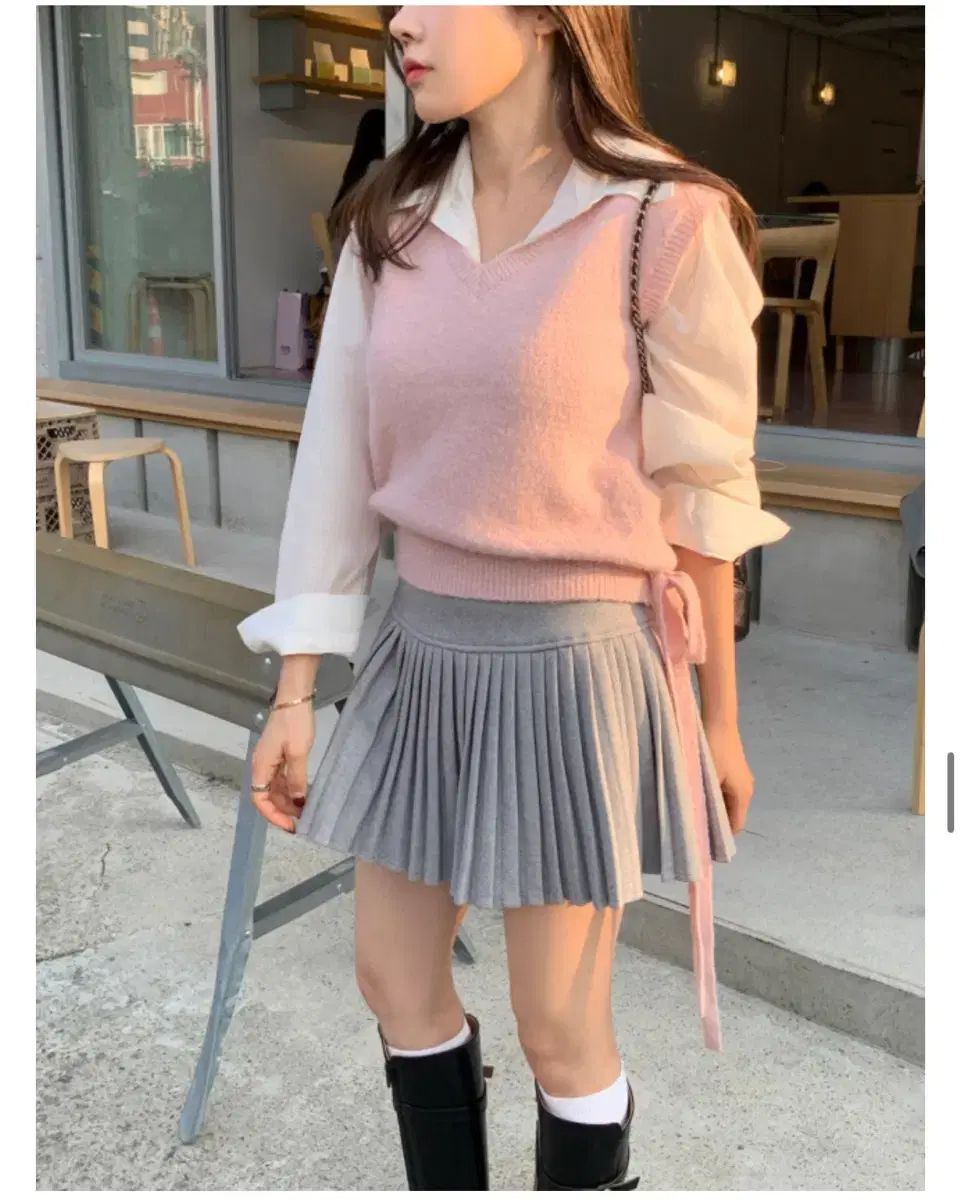 ピンク ニット ベスト プリーツ スカート セット モダンローブ