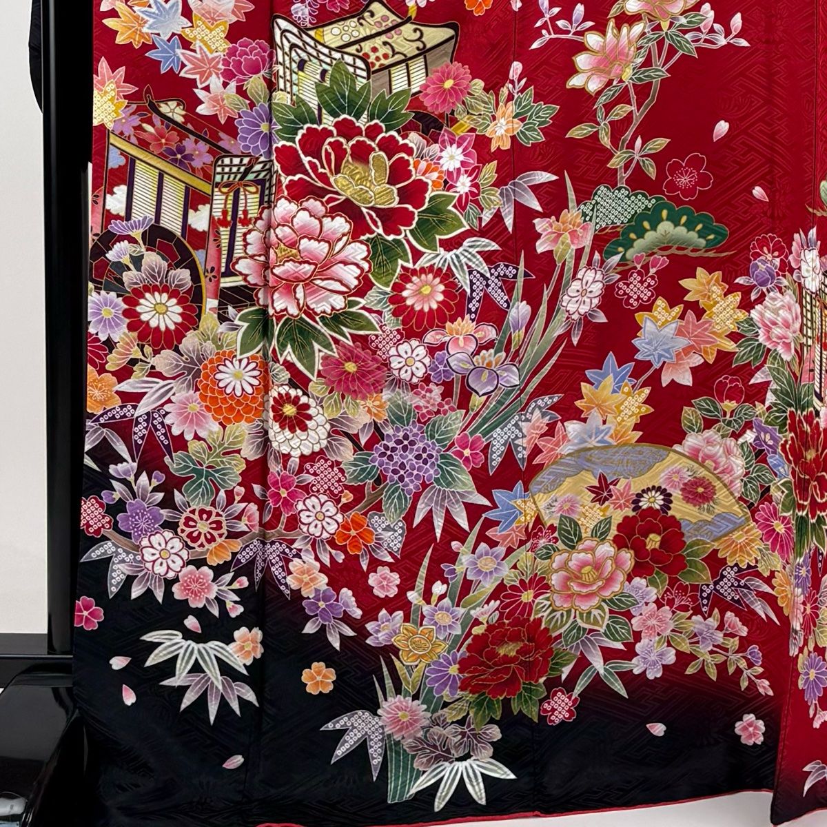 振袖 身丈170cm 裄丈68cm L 袷 御所車 草花 金彩 赤 正絹 秀品