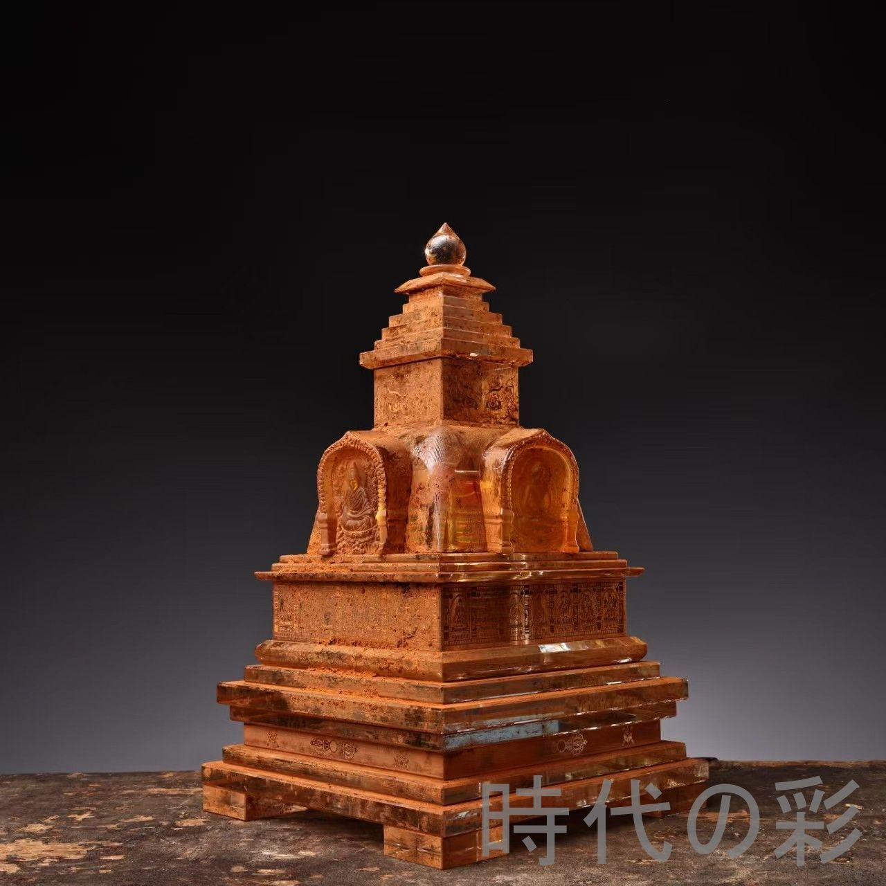 中国古美術 旧蔵 古寺結縁 清代 老水晶 彫刻 四面活仏 銘文 水晶仏塔 仏教美術 唐物 細工 古賞物 置物 時代物 収集 古美味 旧家蔵出 R07100303