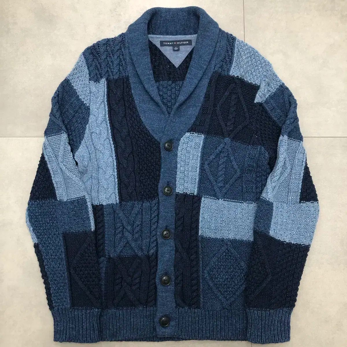 Tommy Hilfiger トミーヒルフィガー インディゴブルー パッチワーク ショールカラー ニット セーター カーディガン M