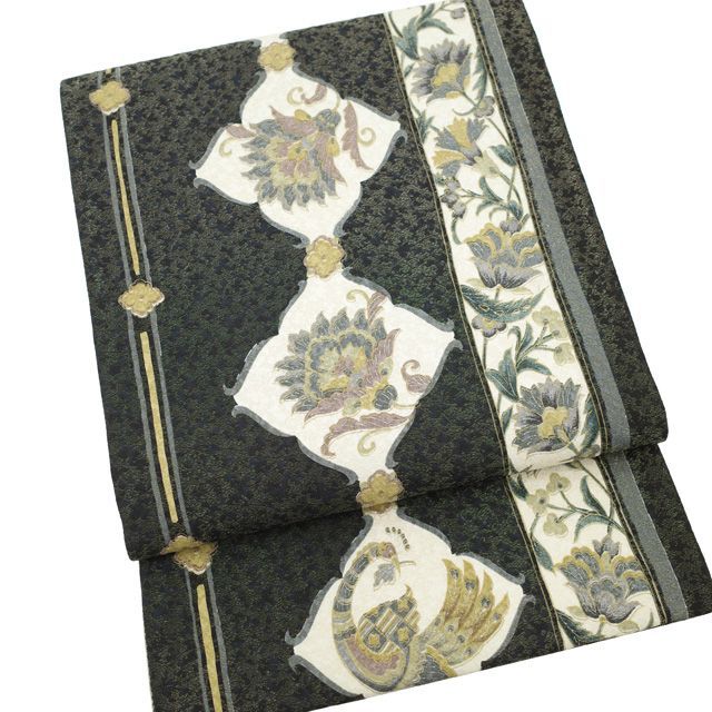 すごい値！袋帯 長尺 正絹 黒 花鳥 花更紗 金通し 金彩 全通柄 中古  