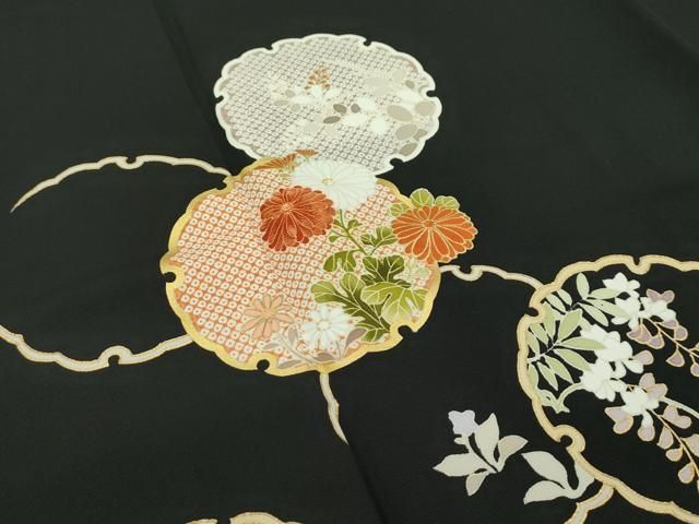 平和屋本店□極上 銀座 越後屋 訪問着 刺繍 雪輪草花文 黒地 金彩 伊と