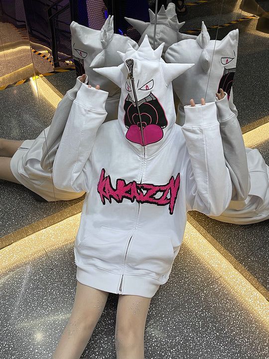 KaKazzy】ゲンガー ホワイト フルジップ パーカー 男女着用可