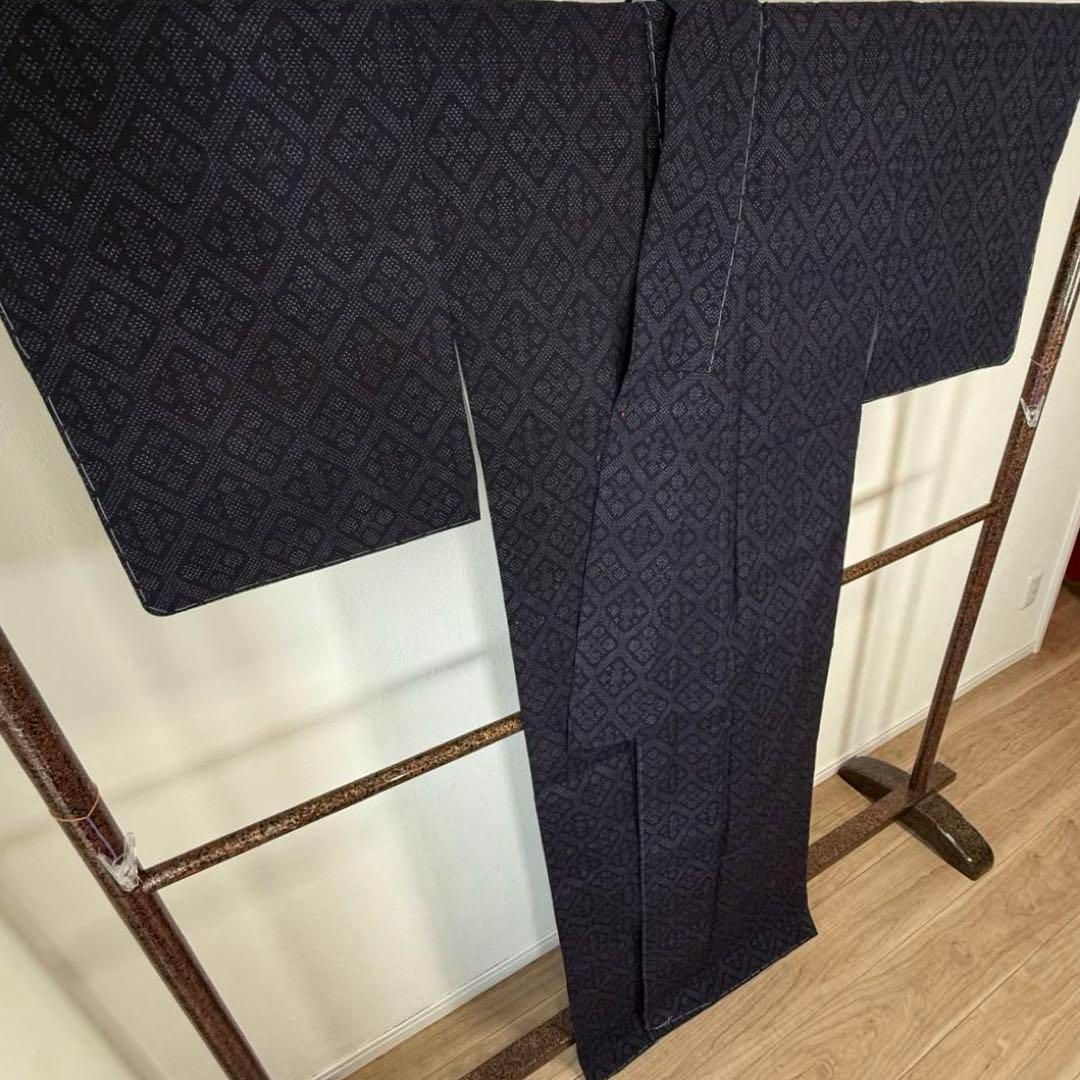 しつけ付 超美品 着物 本場結城紬 正絹 167 シンプル 証紙 濃紺 トール